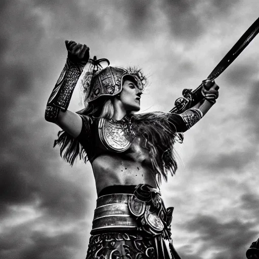 Prompt: monochrome platinum viking warrior goddess holding a shield and sword amidst the sky