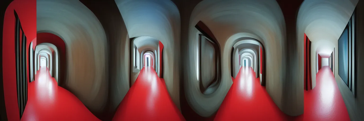 Prompt: volumetric shadows, volumetric lighting, goya painting of underground, fisheye, curved perspective, naive, extra narrow, modern hallway, old tv screens, staircase, doors, red large floor, by rhads and gaudi