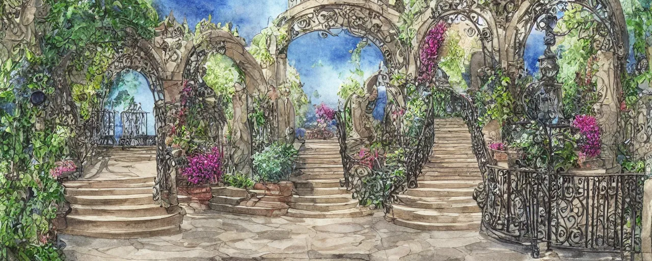 Image similar to courtyard walkway, inflatabel fountain, castle, stairway, chairs, wrought iron, gate, botanic garden, botanical herbarium paper, watercolor colored painting, iridescent colors, realistic shaded, fine, artstation, italian style, colonnade ornate headdress, craving, carved, insanely detailed