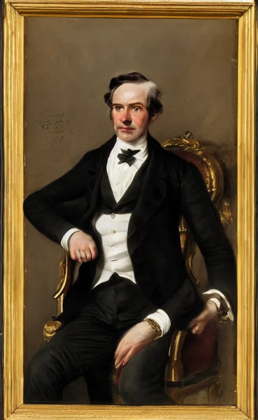 Image similar to official portrait of a victorian politician, wearing a suit, sitting down, detailed face, male in his 4 0 s, victorian, highly detailed, cinematic lighting, painting by thomas lawrence