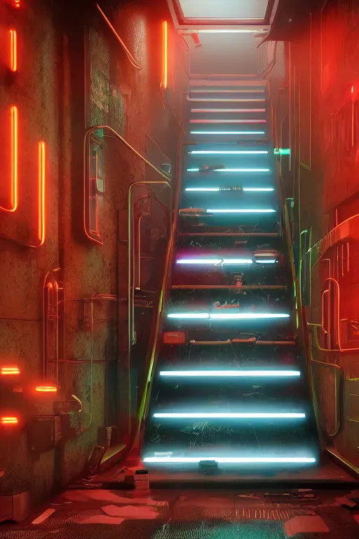 Image similar to a basement staircase, neon lights, cyberpunk style, digital painting, concept art, smooth, sharp focus, hyperrealistic, illustration, artstation trending, octane render, unreal engine, ambient light, dynamic lighting, magical, dark vibes, Cyberpunk 2077