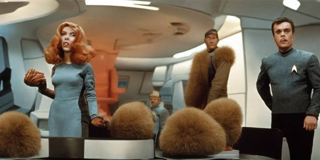 Prompt: Scarlett Johansson and Tribbles in a scene from Star Trek, analog