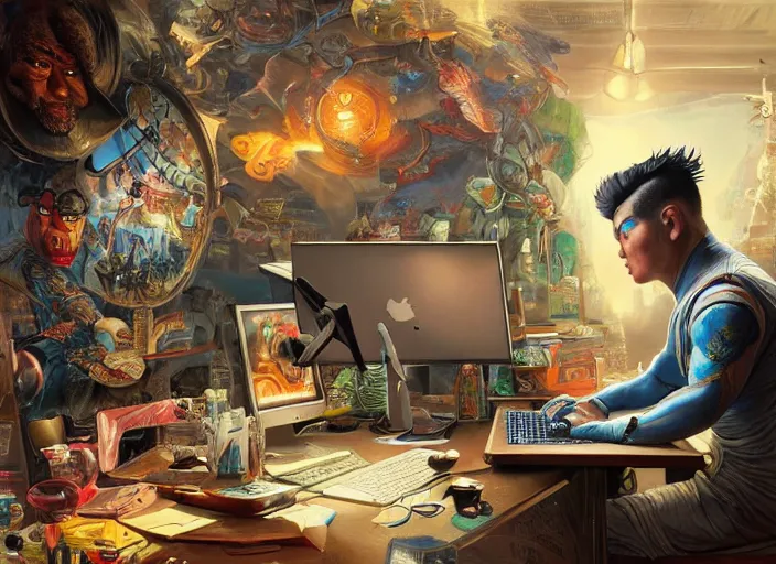 Image similar to an insanely detailed painting of an asian man wearing a homemade superhero costume, sitting at a desk, staring seriously at the computer and typing, in the style of peter mohrbacher, james jean, artgerm, dramatic lighting and composition, surreal background, octane render, pixar, trending on artstation, concept art, comic book, view from behind, 8 k