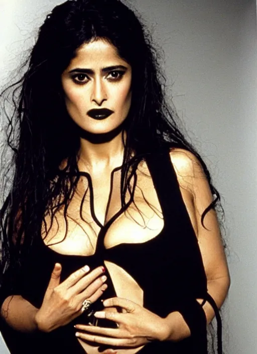 Image similar to cellphone photo of salma hayekas a gothic vampire in the 1990s