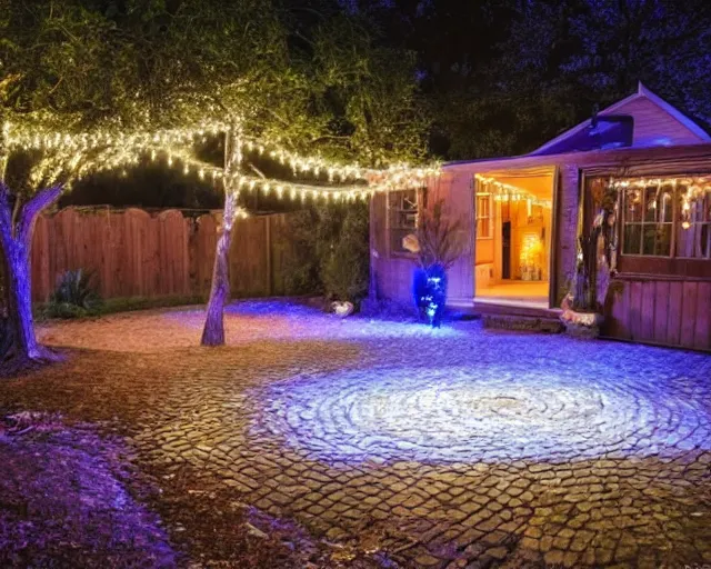 Image similar to a still photo of a backyard at night with fairy lights, house on the left side with wooden flooring, warm lighting, after party