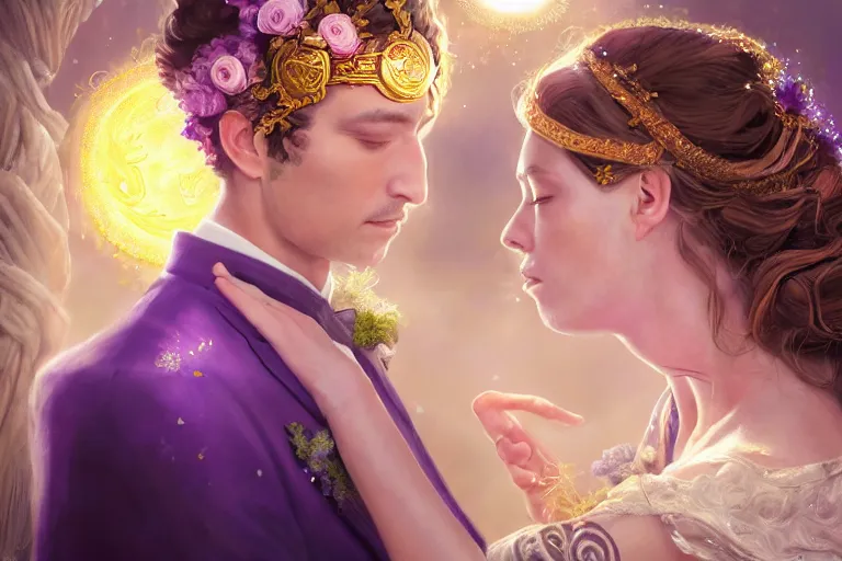 Image similar to a dreamlike cinematic portrait of wedding photograph close up moment of a divine a russia sun god and moon goddess lovers magician at a wedding banquet. portraiture. digital painting. artstation. concept art. fantasy wedding photo. digital painting, 8 k realistic, hyper detailed, violet evergarden art masterpiece by art by krenz cushart