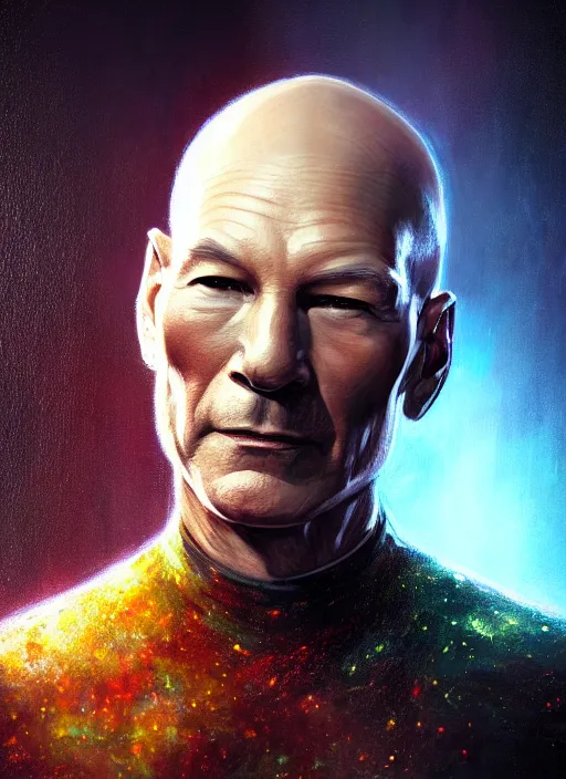 Prompt: extremely skinny thin patrick stewart wearing metal crown, extremly detailed digital painting, raymond swanland, tomasz alen kopera, vibrant colors, intricate, exquisite lighting, highly detailed, rim light, cinematic lighting, art, octane render, very coherent, cinematic, 8 k, trending on artstation