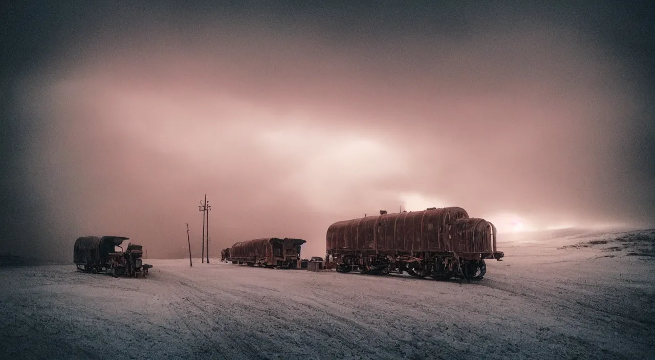 Prompt: “photo color of one biomechanical giant elephant/wagon/mamouth in an arctic storm with fog and blizzard, the mammoth drags old gigantic coal wagons with snow, it's a sunset photo with cold tones, some people around ”