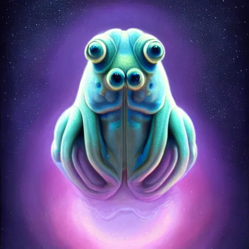 Image similar to a very real looking at tardigrade, it has rainbow hair and a beautiful unconventional face, deep space in the background, elegant, highly detailed, digital painting, artstation, realism, concept art, pop, smooth, mythological, sharp focus, qualia, illustration, art by mark ryden 3 d 8 k ultra detailed