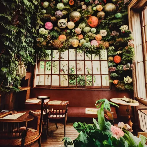 Prompt: Dreamy photo of a very very cozy bookstore cafe that is nestled into the lush PNW woods, lush plants and flowers, sleepy feeling, magical feeling, hazy, film grain, muted color palette, castles and temple details, ornaments, in the style of Gucci, photographed by Petra Collins and Wes Anderson, magic details, 8k, trending on artstation, very detailed -W 910