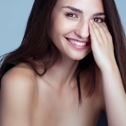 Image similar to very very very perfect face of a woman, soft skin, shy smile