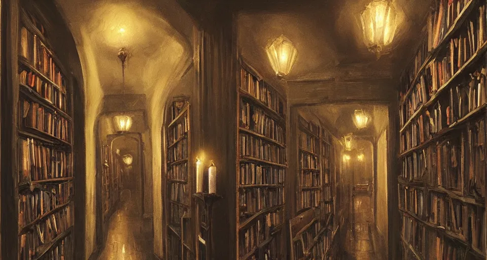 Prompt: Stefan Koidl\'s painting of a very dark creepy victorian corridor with bookshelves everywhere and two candles. artstation.