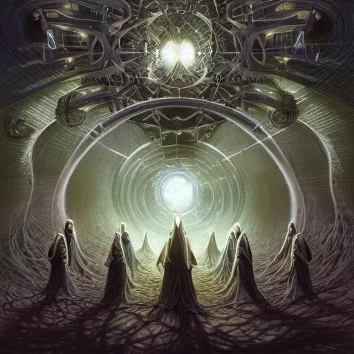Image similar to a highly advanced quantum computer!!! a dark cabal of multiple hooded elven mystics in long robes gathered in a circular formation around a quantum computer, advanced technology, dan seagrave, michael whelan art, beautifully detailed epic scifi art, symmetrical, cgsociety, artstation