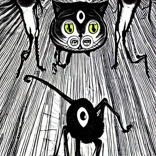 Image similar to a cat with spider legs and a thousand eyes, walking towards camera, highly detailed, by junji ito.