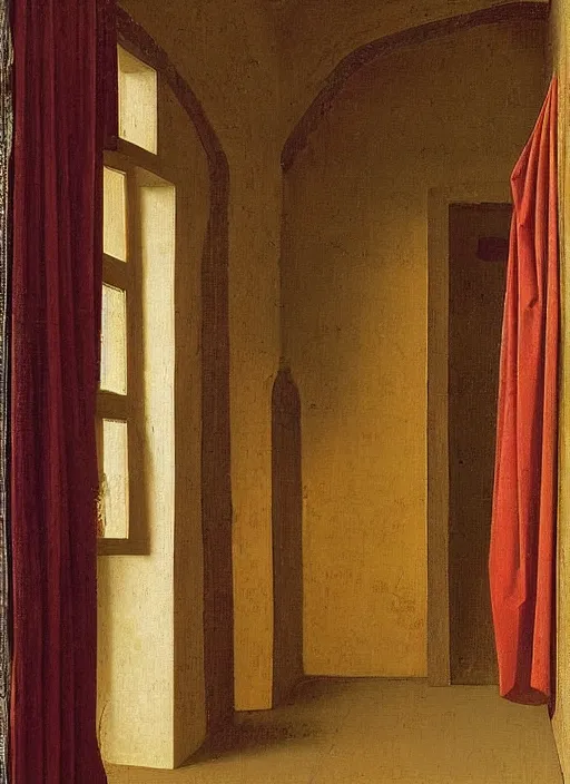 Image similar to red curtain, medieval painting by jan van eyck, johannes vermeer, florence