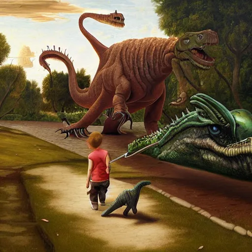 Prompt: a kid at the park walking a dinosaur with a leash, renaissance oil painting by George Lucas and Jarosław Jaśnikowski and Dan Mumford