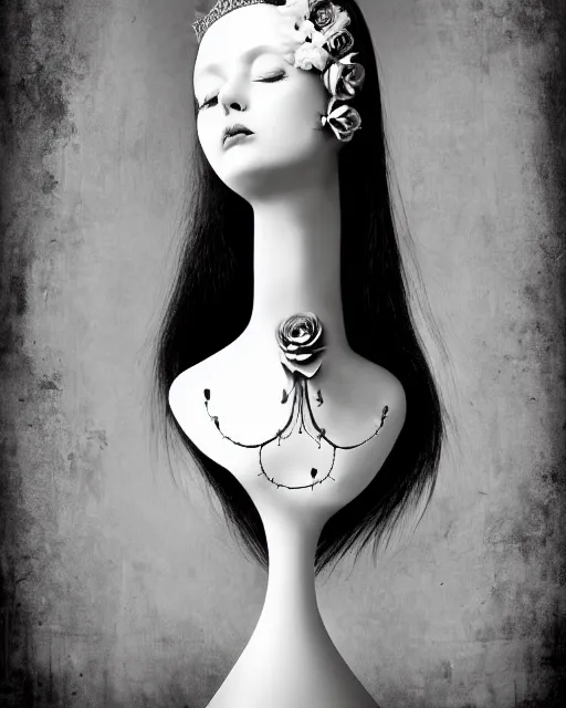 Image similar to a black and white high quality dreamy photo of a young beautiful female queen-pale dragon-vegetal-many big steampunk flowers-cyborg bust with a very long neck, elegant, highly detailed, poetic, soft, dreamy, mysterious, high fashion, in the style of Diane Arbus, Realistic, Refined, Digital Art, Highly Detailed, Cinematic Lighting, rim light, black and white, photo-realistic, 8K