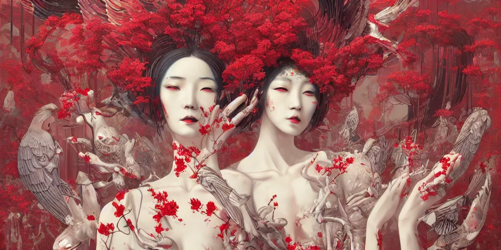 Prompt: breathtaking detailed red gardian mao dictature cyberpunk death heall concept art painting art deco pattern of birds goddesses amalmation flowers, by hsiao ron cheng, tetsuya ichida, bizarre compositions, exquisite detail, extremely moody lighting, 8 k, art nouveau, old chines painting