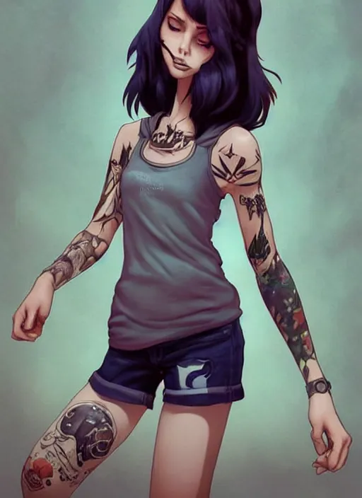 Image similar to character portrait of a female humanoid opossum fursona wearing a tanktop and shorts with arm tattoos. Character design by charlie bowater, ross tran, artgerm, and makoto shinkai, detailed, inked, western comic book art