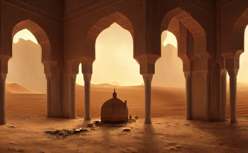 Image similar to Interior shot painting of an interior Moroccan Castle with glossy ceramic floor in the middle of desert with dunes by Greg Rutkowski and Craig Mullins, Dark atmospheric sad and cinematic lighting, Trending on artstation