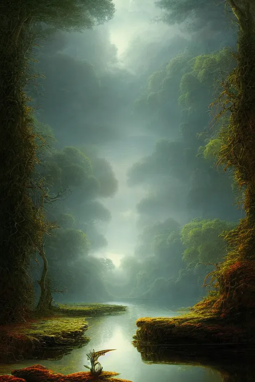 Image similar to a beautiful digital illustration painting of a detailed gothic fantasy secret river calm creek small fish, by benoit b. mandelbrot, steven belledin, martin johnson heade, lee madgwick, caspar david friedrich, and david rios ferreira. 8 k resolution trending on artstation concept art digital illustration