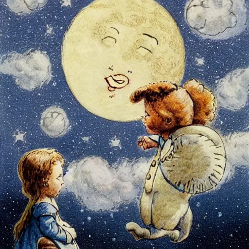 Prompt: celestial smiling moon candid portrait, surrounded by clouds, illustrated by peggy fortnum and beatrix potter and sir john tenniel