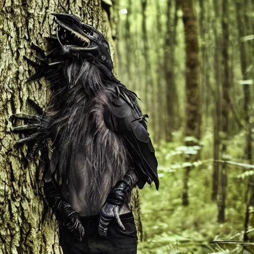 Image similar to !! werecreature consisting of male human and crow, photograph captured in a forest