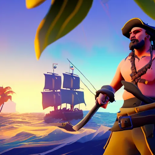 Prompt: a pirate sharpening his sword in sea of thieves, 8 k