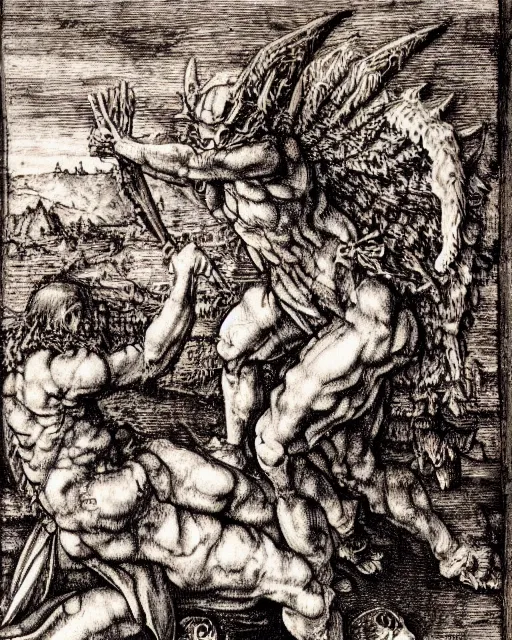 Prompt: devil fights angel, high detail, extremely detailed, very sharp, in the style of albrecht durer,