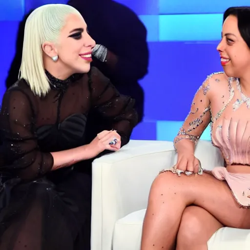 Prompt: lady gaga and aubrey plaza side eyeing each other during a late show interview