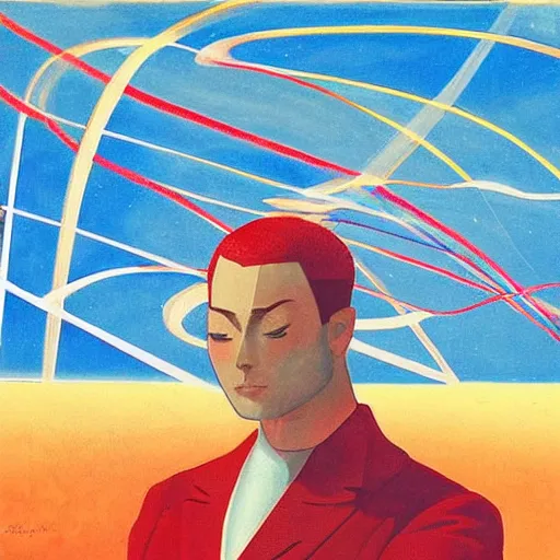 Image similar to A beautiful digital art of a man in a red suit with a blue background. The man's eyes are closed and he has a serene, content look on his face. His arms are crossed in front of him and he appears to be floating in space. The blue background is swirling with geometric shapes and patterns. by Ramon Casas, by Gabriele Münter sinister