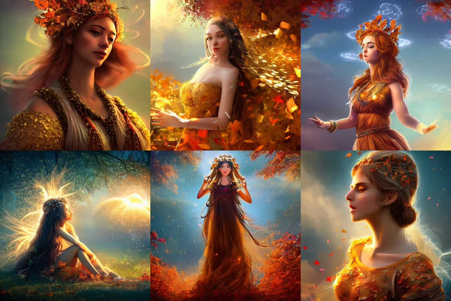 Prompt: a beautiful female goddess of autumn character, character is in all its glory, character is centered on the image, character is in her natural relaxed pose, rim lights, particles and dust in the air, fancy clouds, highly detailed professional photo, dynamic lights, particles are flying, depth of field, trending on artstation, illustration, hyper realistic, vray caustics, super detailed, colorful accents, cinematic shot