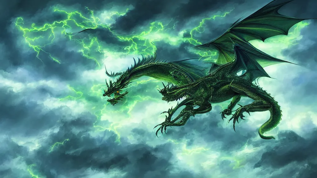 Prompt: surrealist painting of a huge green dragon flying through a stormy cloudy sky, lightning striking all around it, blue and green color scheme, fantasy artwork, award winning, hyper detailed, very very very beautiful, studio lighting, artstation