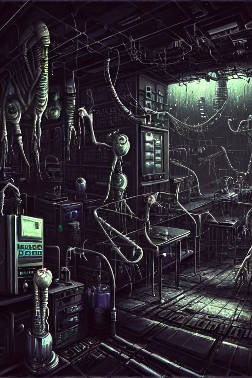 Image similar to a highly detailed painting of a mad scientist laboratory on halloween, 1 9 8 0 s science fiction, 1 9 7 0 s science fiction, alien 1 9 7 9, cyberpunk, 3 d oil painting, depth perception, 4 k, artstation