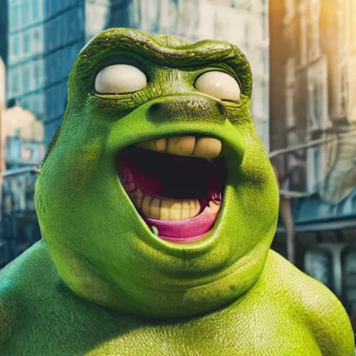 Image similar to mr. bean godzilla super mario pickle rick yoda donkey kong pikachu yeti shrek spongebob homer groot kermit in gears of war, splash art, movie still, detailed face, photorealistic facial features, cinematic lighting, dramatic, octane render, long lens, shallow depth of field, bokeh, anamorphic lens flare, 8 k, hyper detailed, 3 5 mm film grain