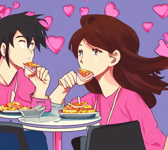 Prompt: A girl and her boyfriend are eating at a fast food restaurant, there are pink hearts around their heads, anime art, hd, smooth, elegant