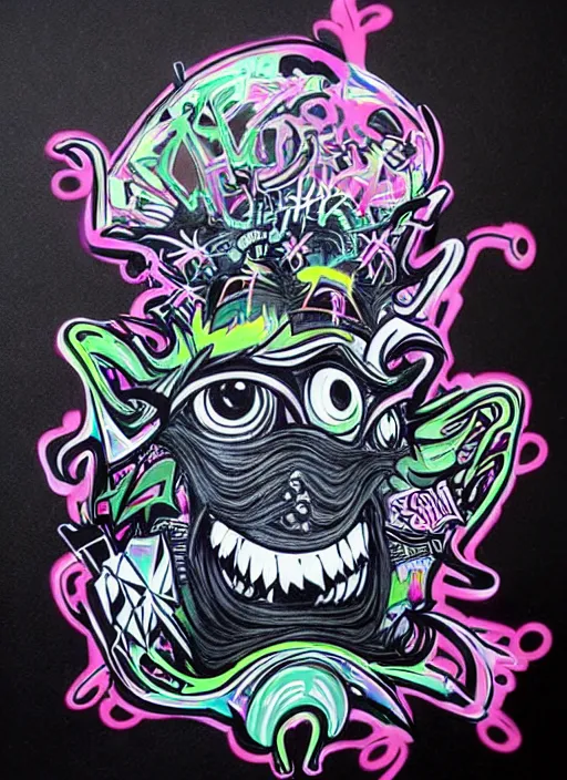 Image similar to beautiful graffiti monsters on black background paper