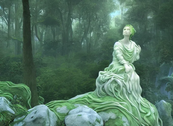 Image similar to an idealistic marble statue with fractal flowery hair and fair porcelain face and green eyes, in a magical forest, painted by, mc escher, gordon onslow ford, georgia o'keeffe and ivan aivazovsky, cinematic light, god rays, colourful, unreal engine, zbrush central,