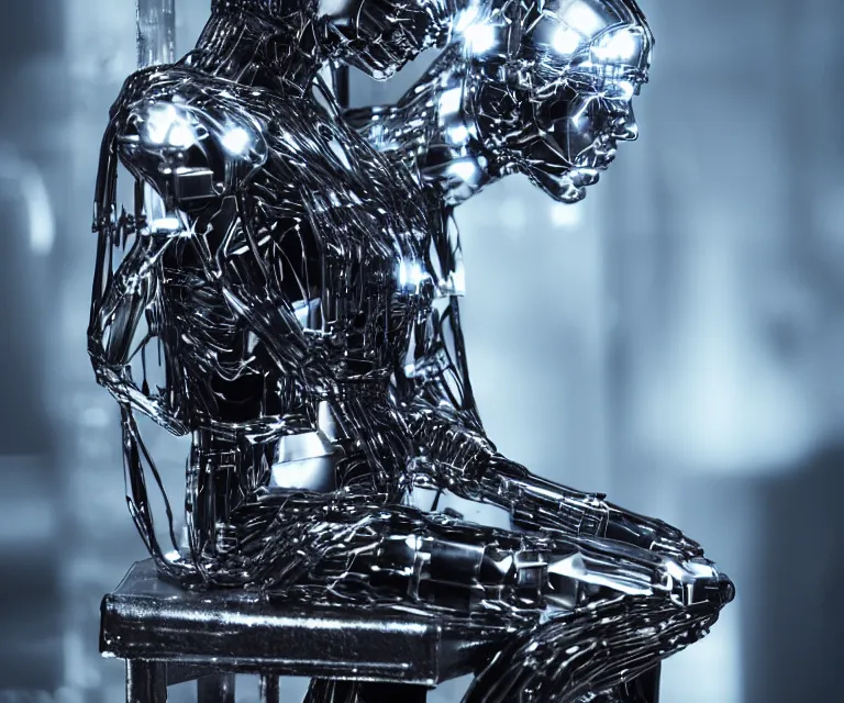 Prompt: semi - transparent glowing cyborg sitting on a metal throne, fantasy sci - fi, majestic lighting, metallic, 2 0 0 mm focus, bokeh