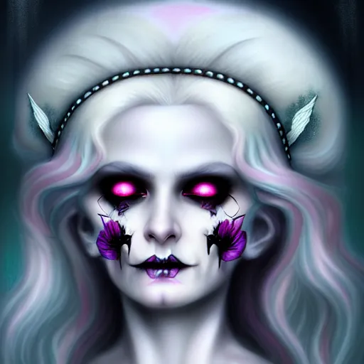 Prompt: goddess of death in a cemetary, white hair, bright, cool colors, digital painting, realism, extreme detail, trending on artstation, by natalie shau