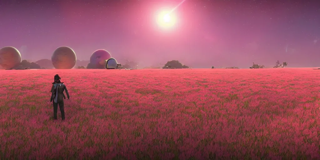 Prompt: a few people next to spaceships in wheatfields and pink plants, pink trees, pink grass, with two suns, at dawn, epic scale ultrawide angle, stunning, epic, cinematic, artstation trending, octane render, hyperrealistic, cryengine 8 k uhd