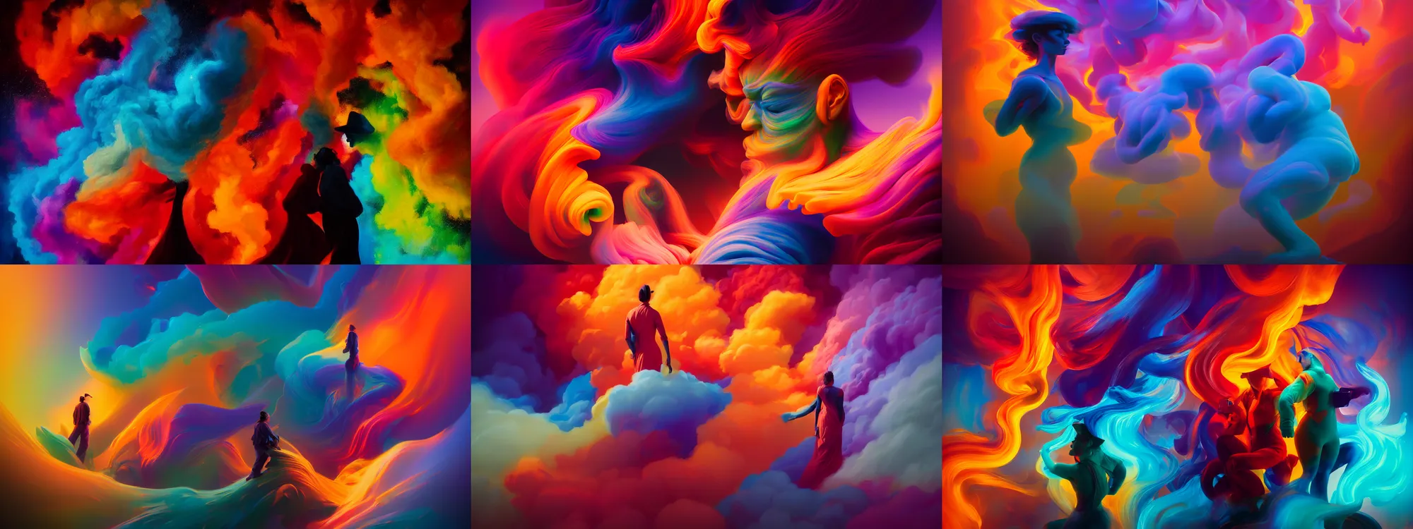 Prompt: thick colorful smoke human figures morphing into each other, by rhads and paul lehr, xf iq 4, f / 1. 4, iso 2 0 0, 1 / 1 6 0 s, 8 k, raw, featured in artstation, octane render, cinematic, elegant, intricate, 8 k