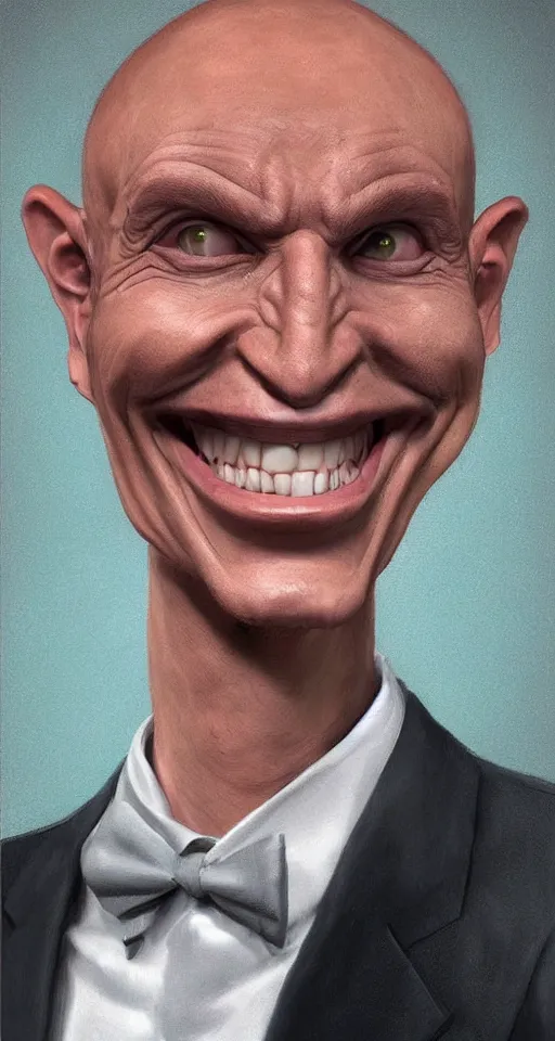 Prompt: a hyper realistic portrait of a smiling male alien in a suit for advertisement, artstation