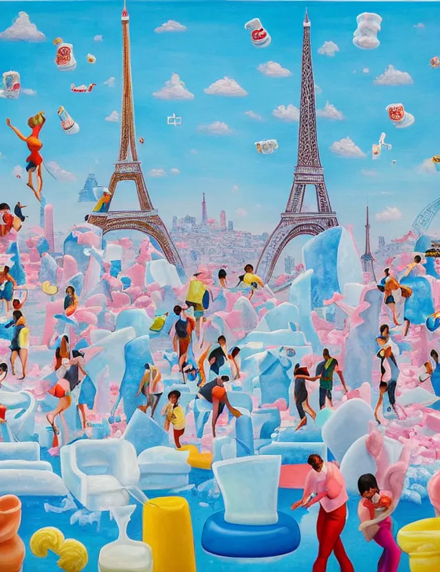 Image similar to a funny painting of ice sculptures made of icecream in the shape of the skyline of paris and eiffel tower on a very bright sunny summer day, very hot and the ice is melting fast and people are swimming their way through the icecream in the style of james jean and fernando botero