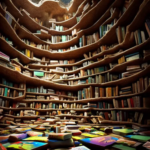 Prompt: cave full of books, 3 d render, incredible details, highly detailed, photorealistic, disney pixar, smooth, octane render, iridescent, 8 k