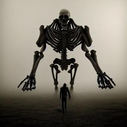 Prompt: a giant skeleton walks the earth, dark landscape, fog, matte painting