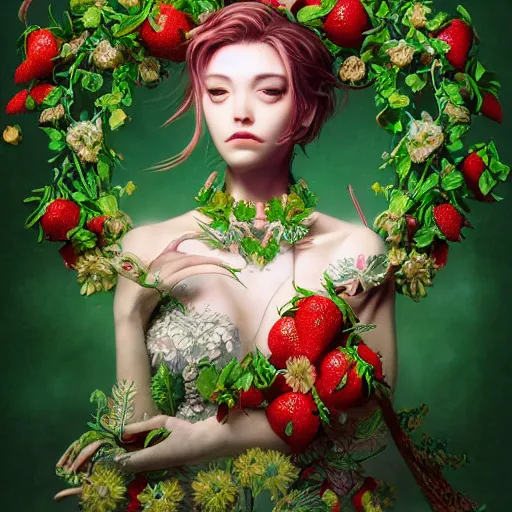 Prompt: the portrait of an absurdly beautiful, graceful, elegant, young woman made of strawberries and green petals shy, an ultrafine hyperdetailed illustration by kim jung gi, irakli nadar, intricate linework, bright colors, octopath traveler, final fantasy, angular, unreal engine 5 highly rendered, global illumination, radiant light, detailed and intricate environment