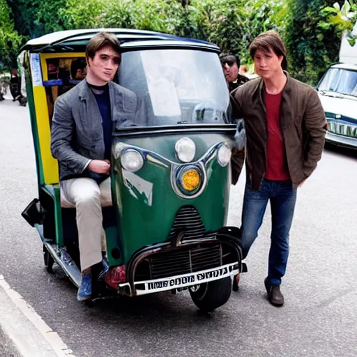 Prompt: photo of daniel radcliffe and tom cruise in a tuk tuk