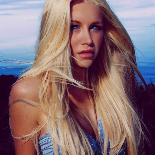Image similar to photograph : a very beautiful young woman with 2 0 meters extremely long blond hair, full body, extremely long wavy 2 0 meters long blond hair, sky blue eyes, full round face,, bikini, miniskirt, front shot, extremely long thick blond hair