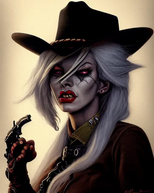 Image similar to ashe from overwatch, cowgirl, black cowboy hat, white hair, character portrait, portrait, close up, concept art, intricate details, highly detailed, horror poster, horror, vintage horror art, realistic, terrifying, in the style of michael whelan, beksinski, and gustave dore